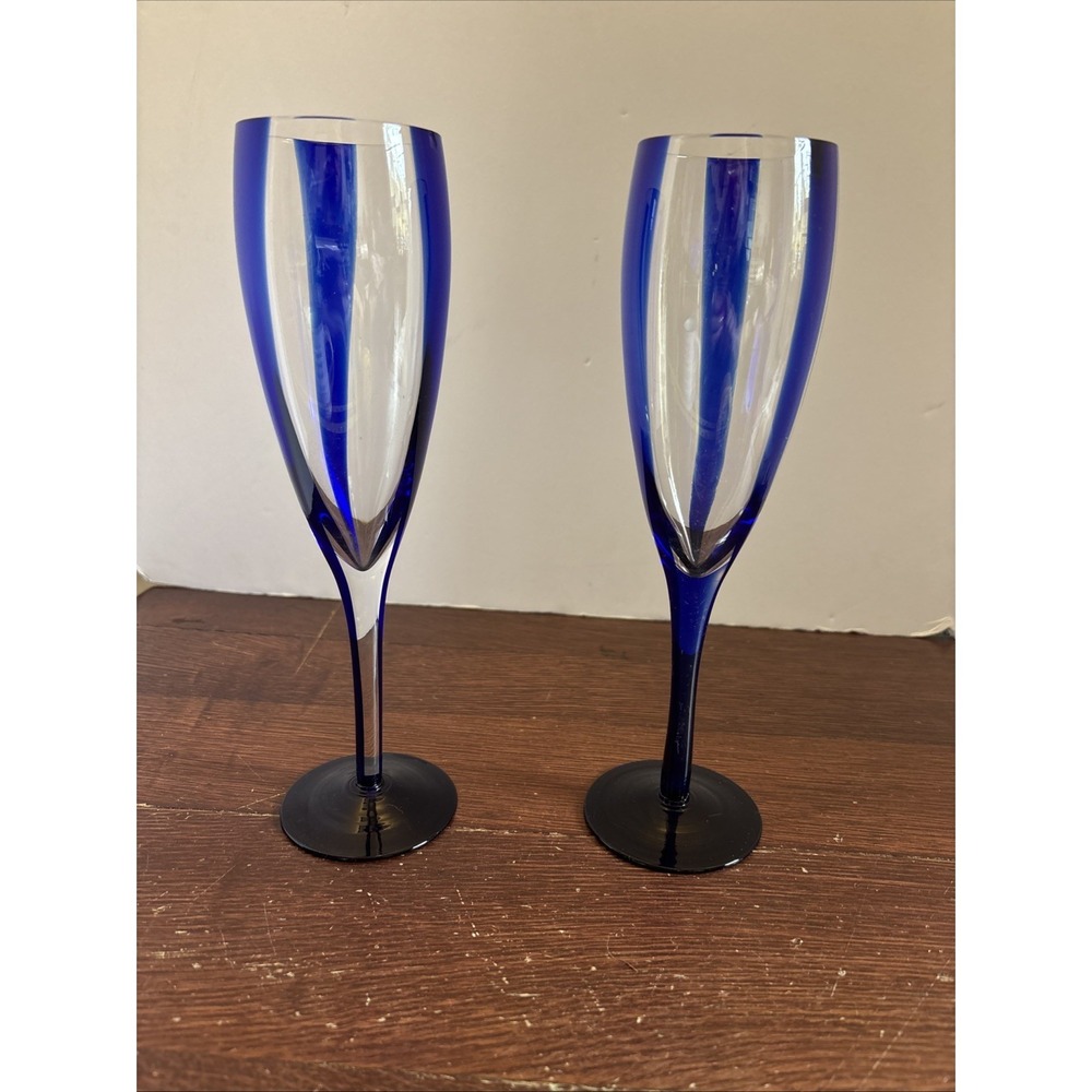 2 Pier 1-Clear/Blue Vert.Stripes-10"Glass-Champagne Flutes/Goblets/Wine Glasses